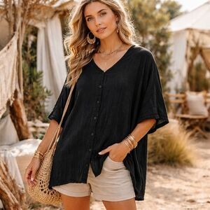 Good Earth 100% Rayon Gauze Oversized Black Boho Tunic Top Button Lagenlook